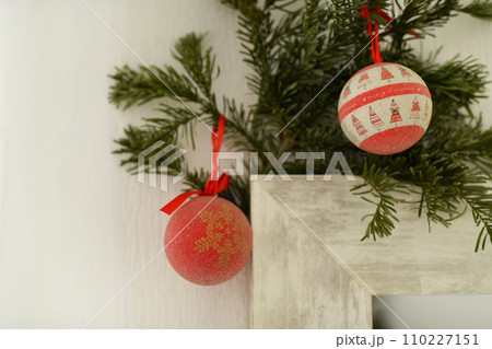 Christmas toys hanging on a Christmas tree branch 110227151