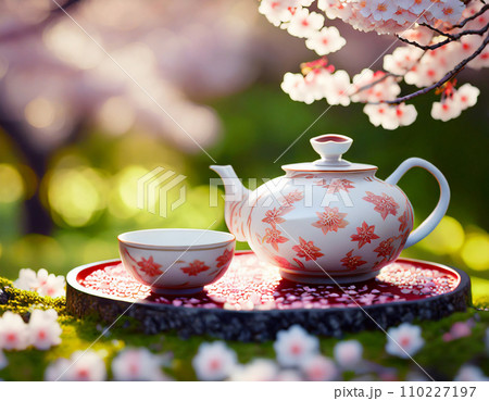 満開の桜の庭で催される、美しい茶器でのお茶会 110227197