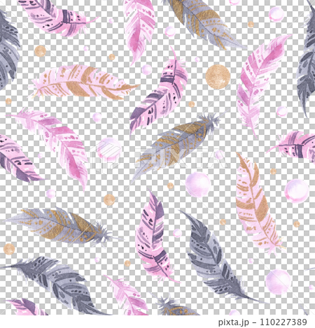 Seamless pattern with isolated pink and purple violet, lilac and bubbles watercolor feathers. Hand painted colorful feathers. Tribal boho aztec background perfect for textile Seamless pattern with isolated pink and purple violet, lilac and bubbles watercolor feathers. Hand painted colorful feathers. Tribal boho aztec background perfect for textile 110227389