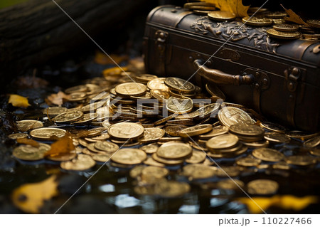 Open metall treasure chest with golden coins 110227466