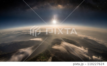 宇宙から見た美しい青く輝く地球 110227624