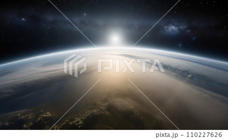 宇宙から見た美しい青く輝く地球 110227626