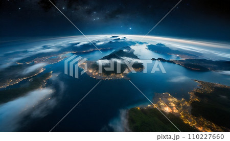 宇宙から見た美しい青く輝く地球 110227660