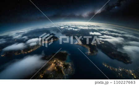 宇宙から見た美しい青く輝く地球 110227663