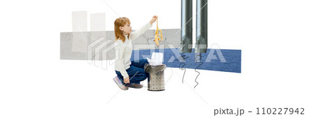 Little girl, kid throwing banana peel into trash, taking care after nature and ecology. Air pollution with factories. Contemporary art collage. 110227942