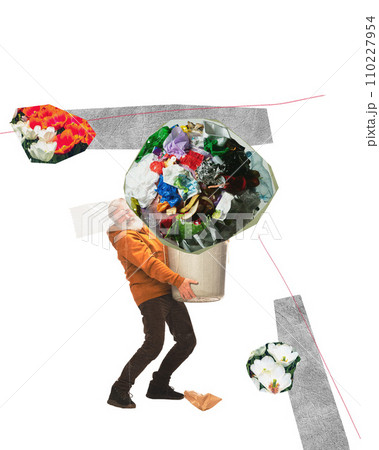 Senior man carrying giant garbage bin, taking care after nature, cleaning surroundings. Contemporary art collage. Senior man carrying giant garbage bin, taking care after nature, cleaning surroundings. Contemporary art collage. 110227954
