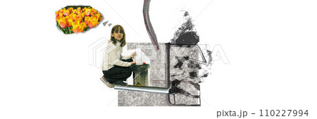 Little girl, kid throwing garbage into trash, taking care after nature and ecology. Air pollution with factories. Contemporary art collage. Little girl, kid throwing garbage into trash, taking care after nature and ecology. Air pollution with factories. Contemporary art collage. 110227994