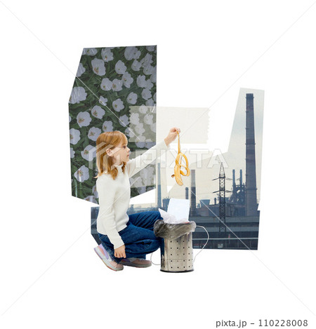 Little girl, kid throwing banana peel into trash, taking care after nature and ecology. Air pollution with factories. Contemporary art collage. 110228008