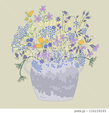 Wildflowers in the pot on light green background. Wildflowers in the pot on light green background. 110228285
