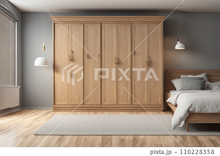 a Minimalist bedroom with wooden furniture in a modern home 110228358