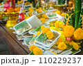 Buddhist religious offerings, Marigold, in thailand temple 110229237