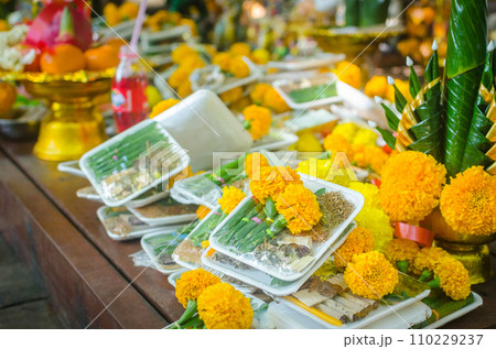 Buddhist religious offerings, Marigold, in thailand temple 110229237