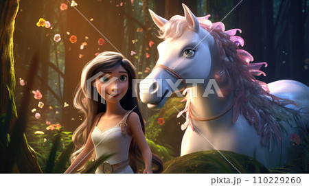 AI-generated content. Girl with a magic horse in 3D cartoon 110229260