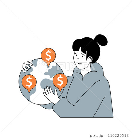 Business and finance concept with cartoon people in flat design for web. Woman developing global e-business with internet payments. Vector illustration for social media banner, marketing material. 110229518
