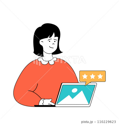 Social media concept with cartoon people in flat design for web. Woman sharing new photo with followers and getting high star feedback. Vector illustration for social media banner, marketing material. Social media concept with cartoon people in flat design for web. Woman sharing new photo with followers and getting high star feedback. Vector illustration for social media banner, marketing material. 110229623