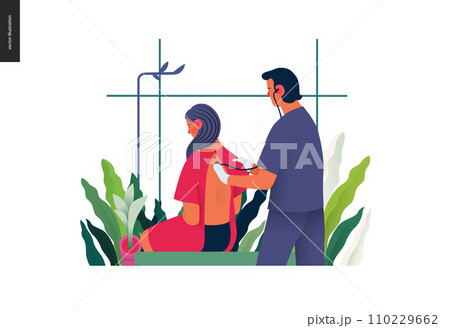 Medical tests template - auscultation - modern flat vector concept digital illustration of stethoscope examination procedure - patient and doctor carrying out procedure, medical office or laboratory Medical tests template - auscultation - modern flat vector concept digital illustration of stethoscope examination procedure - patient and doctor carrying out procedure, medical office or laboratory 110229662