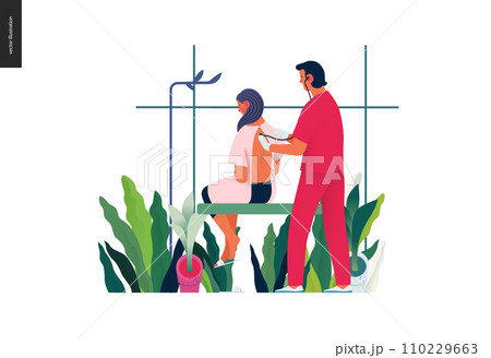 Medical tests template - auscultation - modern flat vector concept digital illustration of stethoscope examination procedure - patient and doctor carrying out procedure, medical office or laboratory 110229663