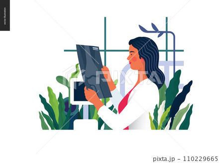 Medical tests template - x-ray test - modern flat vector concept digital illustration of x-ray image - a doctor looking at the radiograph , in the medical office or laboratory Medical tests template - x-ray test - modern flat vector concept digital illustration of x-ray image - a doctor looking at the radiograph , in the medical office or laboratory 110229665