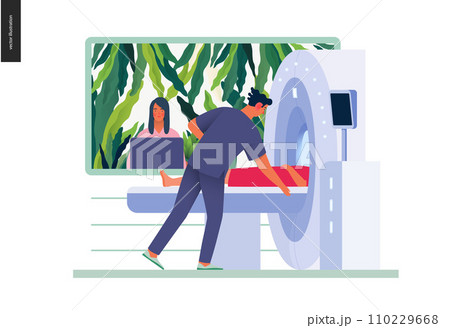 Medical tests illustration - MRT - magnetic resonance tomography - modern flat vector concept digital illustration of MRI procedure - a patient in the scanner and doctor, medical office or laboratory Medical tests illustration - MRT - magnetic resonance tomography - modern flat vector concept digital illustration of MRI procedure - a patient in the scanner and doctor, medical office or laboratory 110229668
