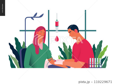 Medical tests illustration - blood test - modern flat vector concept digital illustration of blood test procedure - a patient and doctor with a syringe and test tubes, the medical office or laboratory 110229671