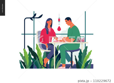 Medical tests illustration - blood test - modern flat vector concept digital illustration of blood test procedure - a patient and doctor with a syringe and test tubes, the medical office or laboratory 110229672
