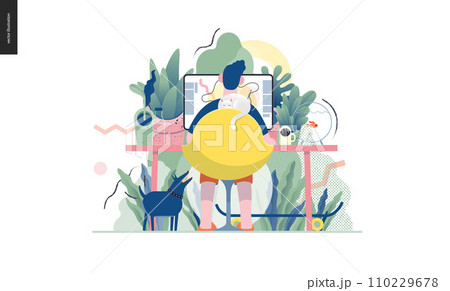 Technology 1 -Home Office - modern flat vector concept digital illustration home office metaphor, a freelancer guy working at home with pets and plants. Creative landing web page design template Technology 1 -Home Office - modern flat vector concept digital illustration home office metaphor, a freelancer guy working at home with pets and plants. Creative landing web page design template 110229678