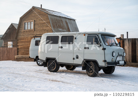 The Russian UAZ van parking in Khuzhir village a small village on Olkhon Island, Russia. The Russian UAZ van parking in Khuzhir village a small village on Olkhon Island, Russia. 110229815