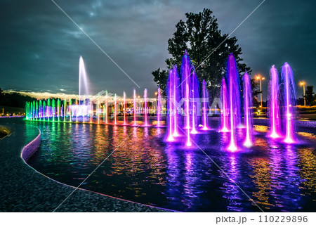 colorful musical fountain in Warsaw 110229896
