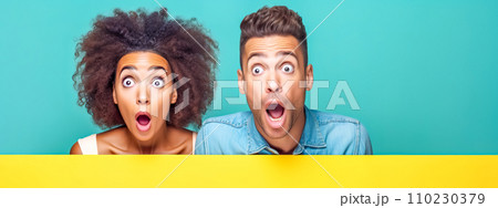 AI-generated content. man and a woman peeking over a yellow border, both showing exaggerated expressions of surprise, set against a bright teal background, creating a playful and engaging visual. 110230379