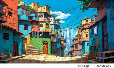 AI-generated content. favela with a multitude of stacked houses painted in bright colors, narrow streets, and staircases, blending traditional architecture with a modern city skyline in the background 110230385