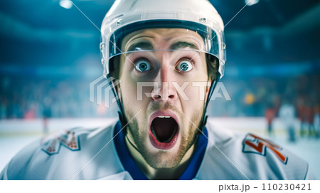AI-generated content. hockey player with a helmet on, his face showing a look of shock or awe, possibly reacting to a game-changing moment on the ice rink, with a blurry audience in the background 110230421