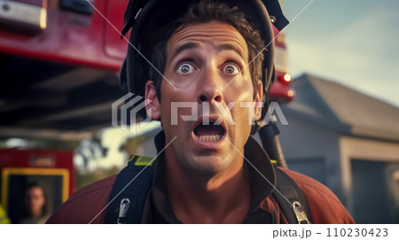 AI-generated content. firefighter in full gear, helmet included, with an astonished look on his face, seemingly reacting to an urgent situation, with the red flash of emergency lights blurred in the 110230423