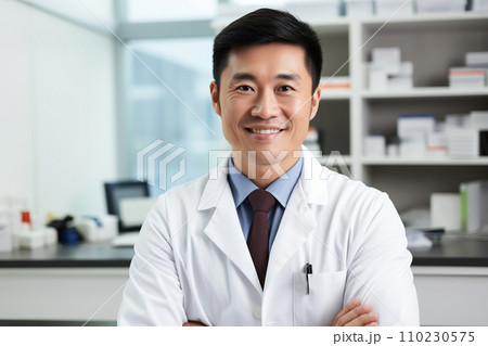 AI-generated content. Asian male doctor in lab coat greeting in medical clinic 110230575