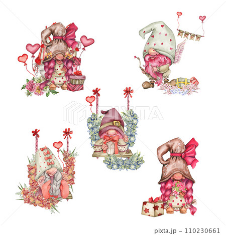 Composition with Valentines Nordic gnomes, gift boxes and flowers. Cute valentine's day postcard. Watercolor elements for birthday,cake, holiday celebration design, greetings card, invitation. Composition with Valentines Nordic gnomes, gift boxes and flowers. Cute valentine's day postcard. Watercolor elements for birthday,cake, holiday celebration design, greetings card, invitation. 110230661