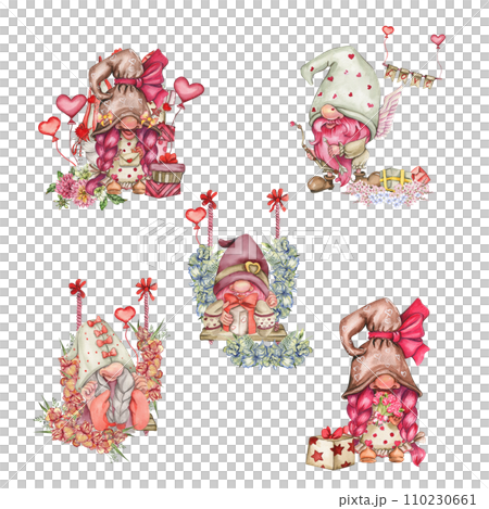 Composition with Valentines Nordic gnomes, gift boxes and flowers. Cute valentine's day postcard. Watercolor elements for birthday,cake, holiday celebration design, greetings card, invitation. 110230661