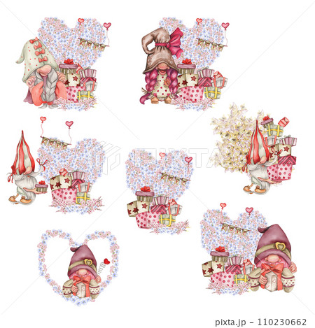 Composition with Valentines Nordic gnomes, gift boxes and flowers. Cute valentine's day postcard. Watercolor elements for birthday,cake, holiday celebration design, greetings card, invitation. 110230662