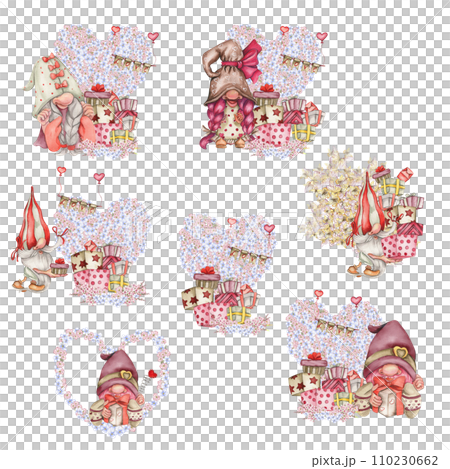 Composition with Valentines Nordic gnomes, gift boxes and flowers. Cute valentine's day postcard. Watercolor elements for birthday,cake, holiday celebration design, greetings card, invitation. 110230662