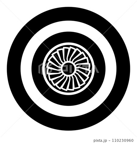 Turbine airplane turbomachine jet engine aircraft motor fan plane icon in circle round black color vector illustration image solid outline style 110230960