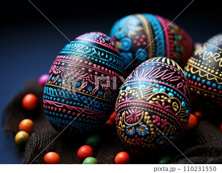 AI-generated content. Easter traditional eggs are decorated with a variety of patterns in dark colors. Culture, tradition and religion AI-generated content. Easter traditional eggs are decorated with a variety of patterns in dark colors. Culture, tradition and religion 110231550