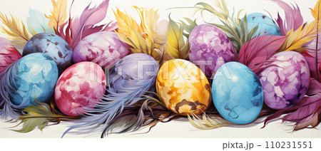 AI-generated content. Easter banner with colorful Easter eggs and feathers in pastel colors. Watercolor style AI-generated content. Easter banner with colorful Easter eggs and feathers in pastel colors. Watercolor style 110231551
