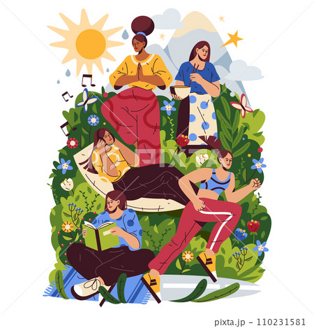 Woman harmony or hobby vector sign. Women relaxation activity like cooking and book reading, jogging or running, yoga asana exercise and music listening. Girl resting consent. Leisure and recreation Woman harmony or hobby vector sign. Women relaxation activity like cooking and book reading, jogging or running, yoga asana exercise and music listening. Girl resting consent. Leisure and recreation 110231581