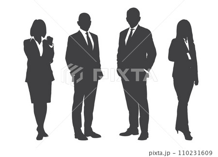 Gray silhouettes of business people pose on white background, flat line vector and illustration. 110231609