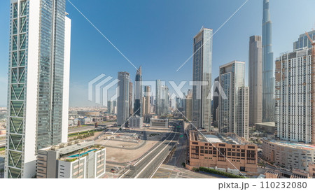 Aerial view of Dubai Downtown skyline with many towers timelapse. Aerial view of Dubai Downtown skyline with many towers timelapse. 110232080