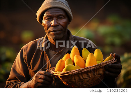 man farmer with harvested mango fruits 110232202