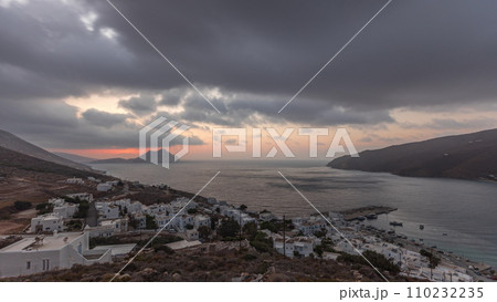 Panorama showing sunset on Amorgos island aerial timelapse from above. Greece Panorama showing sunset on Amorgos island aerial timelapse from above. Greece 110232235