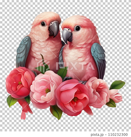 Two birds parakeet with roses. AI generated image 110232300