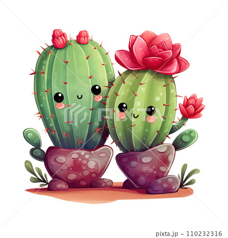 Two adorable cactuses. AI generated image 110232316