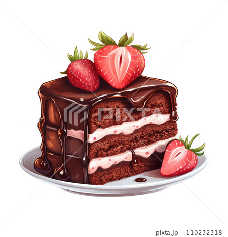 Piece of chocolate cake with strawberries on top. AI generated image 110232318