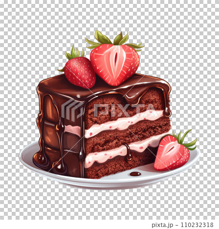 Piece of chocolate cake with strawberries on top. AI generated image 110232318