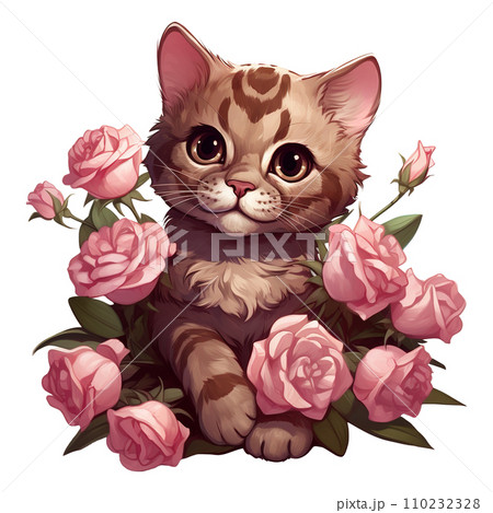 Cat sitting in a bunch of pink roses. AI generated image Cat sitting in a bunch of pink roses. AI generated image 110232328